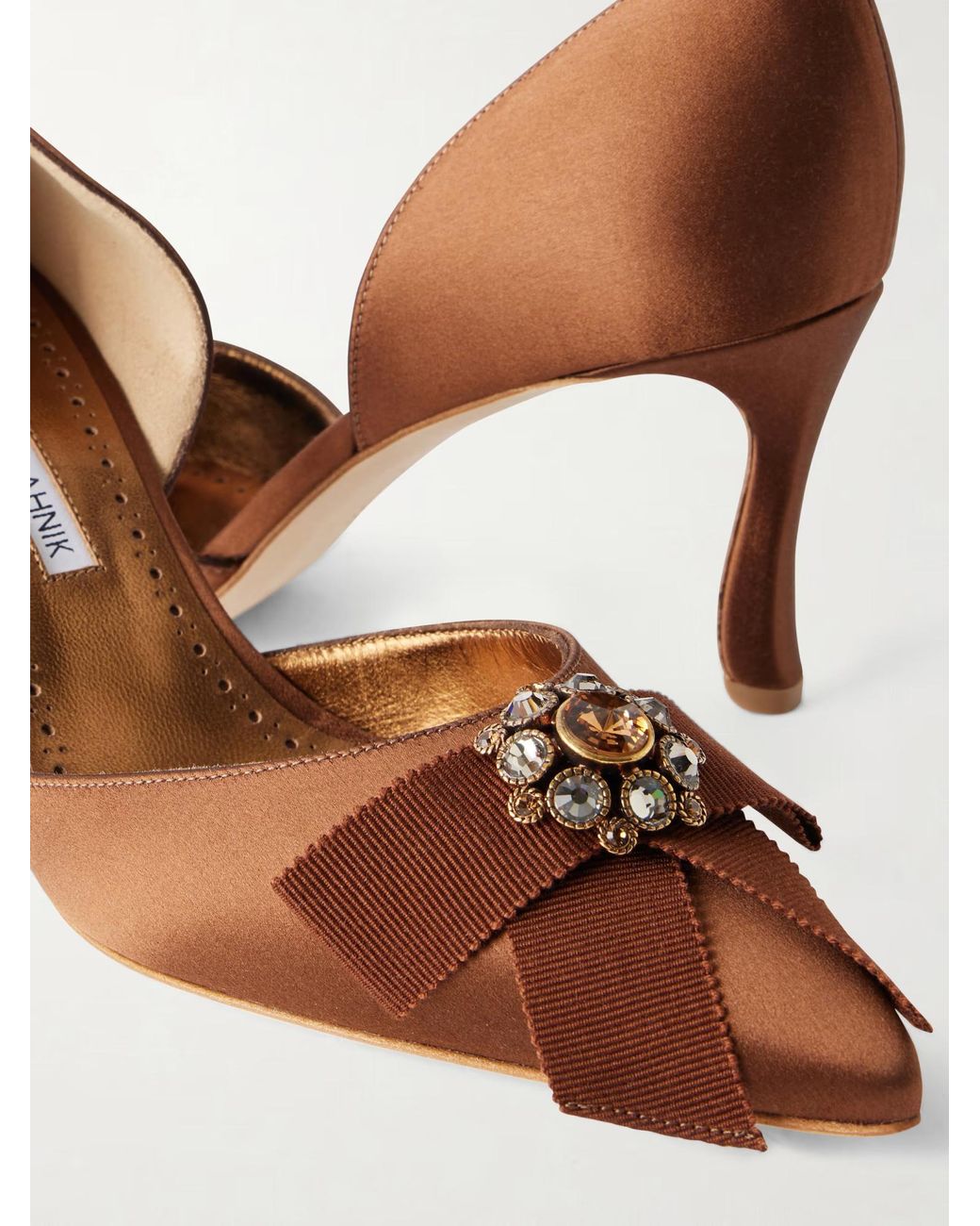 Manolo Blahnik Brown Embellished Satin Pumps