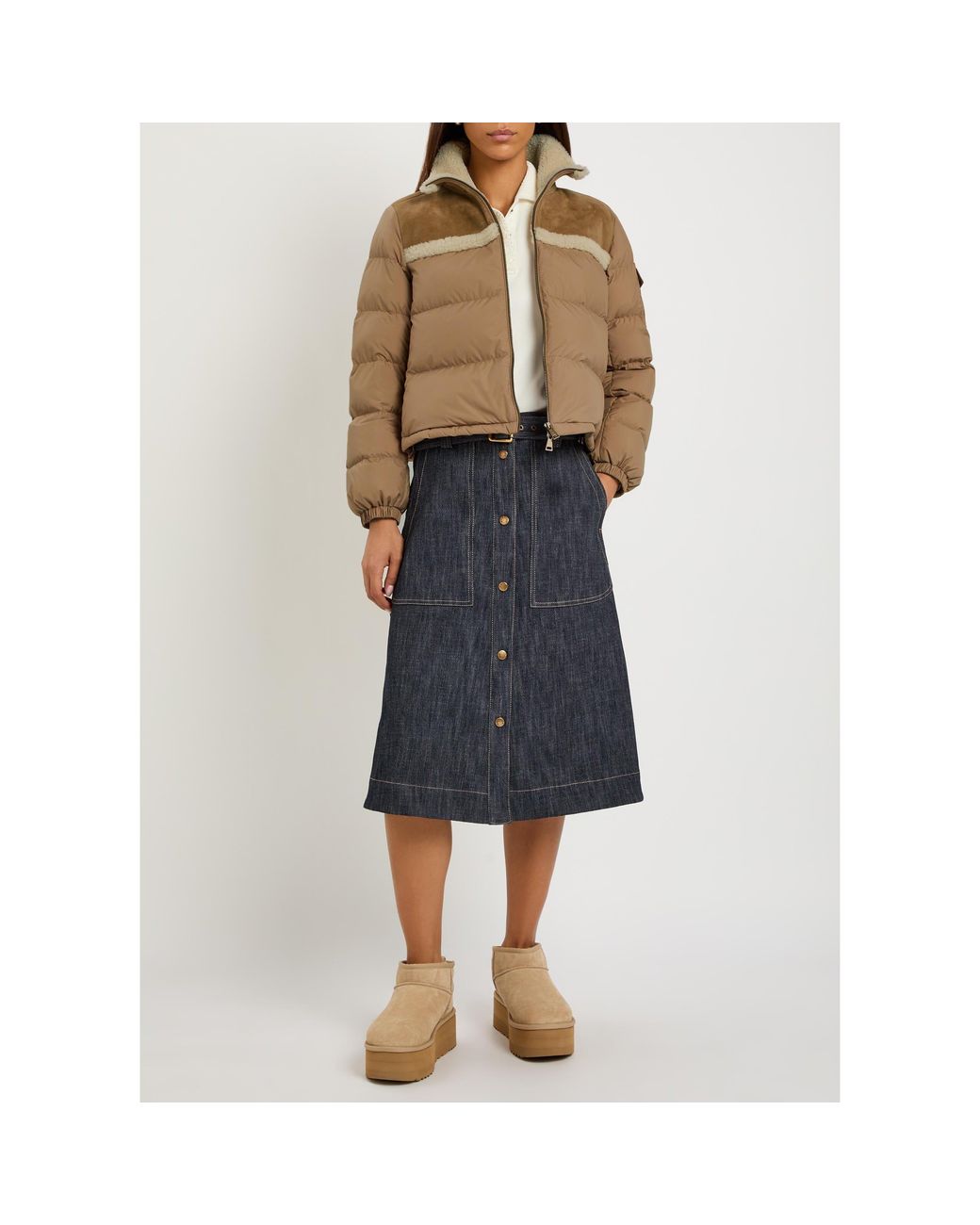 Moncler Natural Stand-Collar Patchwork Short Down Jacket