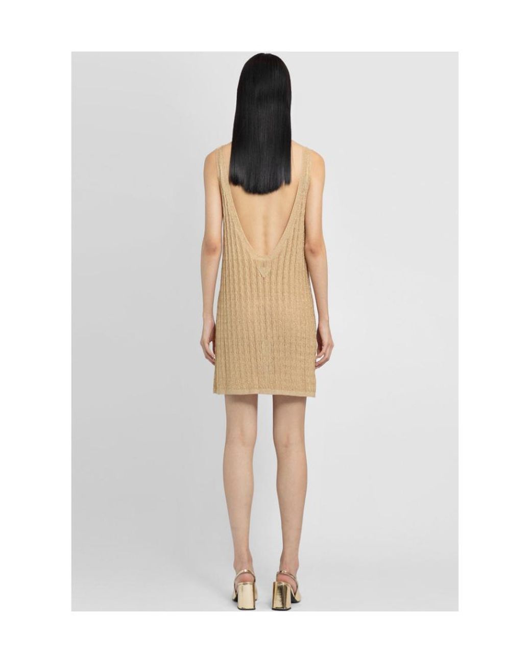Prada Natural Sleeveless V-Neck Midi Dress
