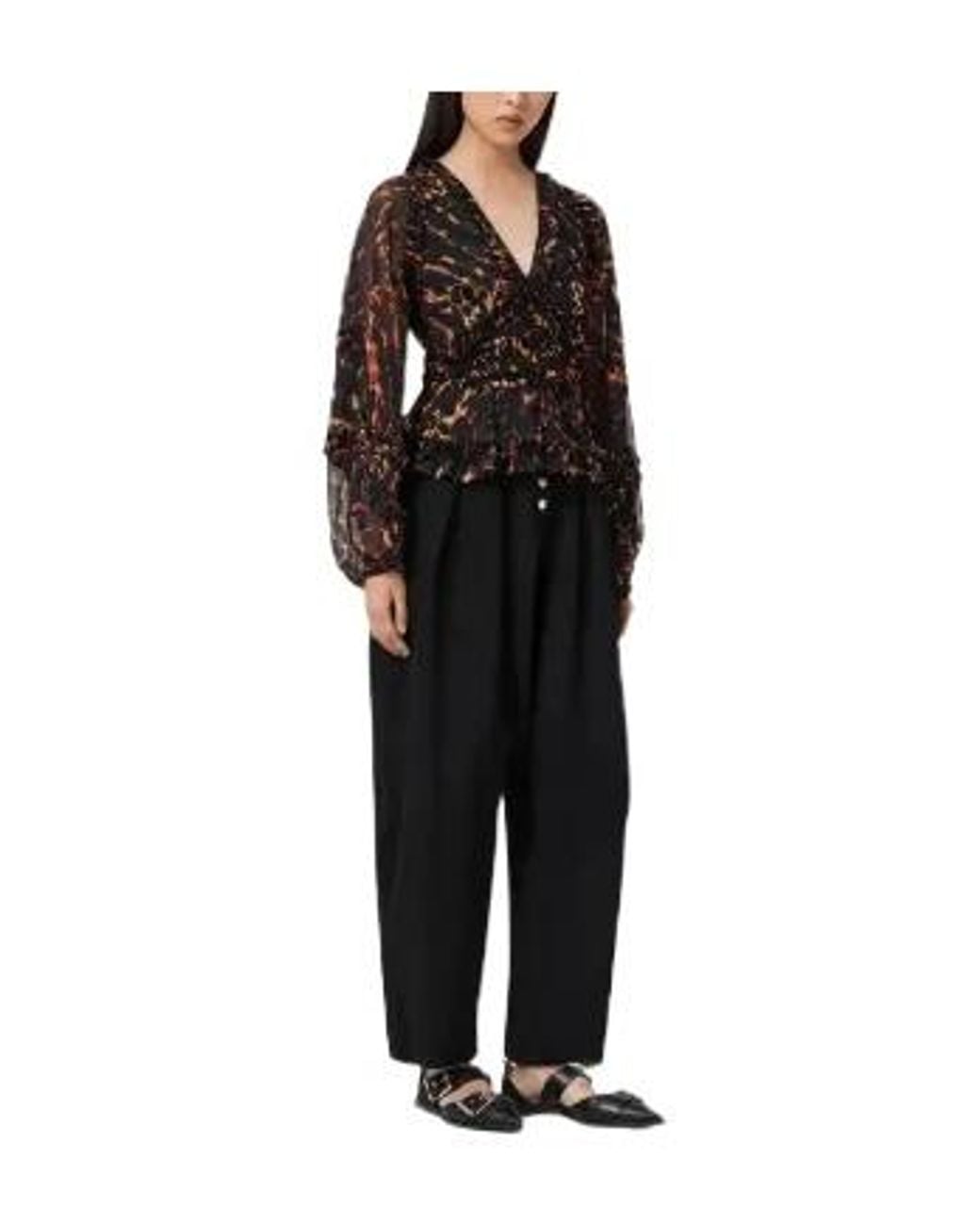 AllSaints Black Ruffled Animal-Print Blouse