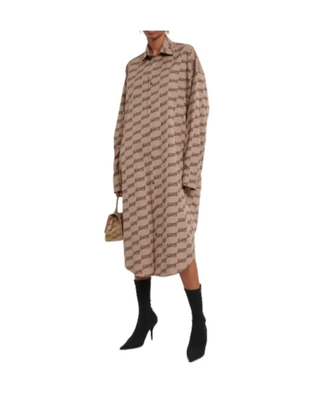 Balenciaga Natural All-Over Logo Printed Poplin Shirt Dress