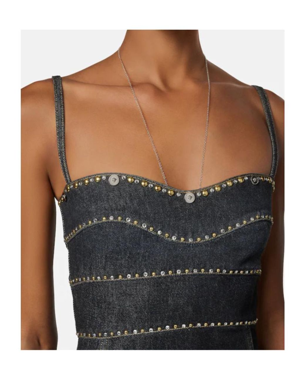 Versace Black Embellished Denim Fitted Midi Dress