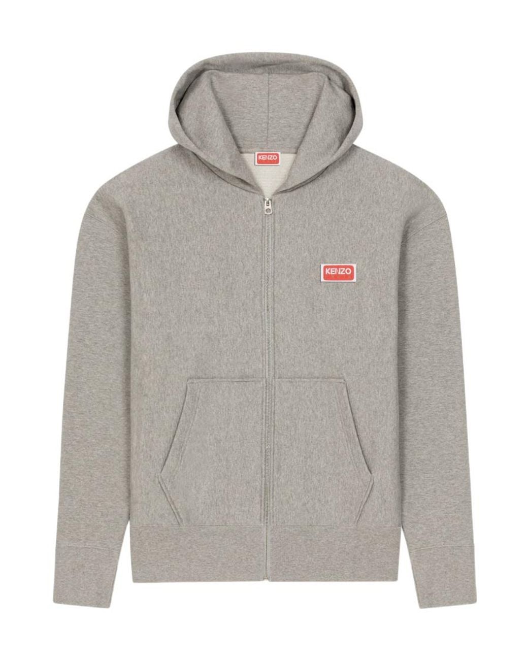 KENZO Gray Logo Embroidered Zip-Up Hoodie for men