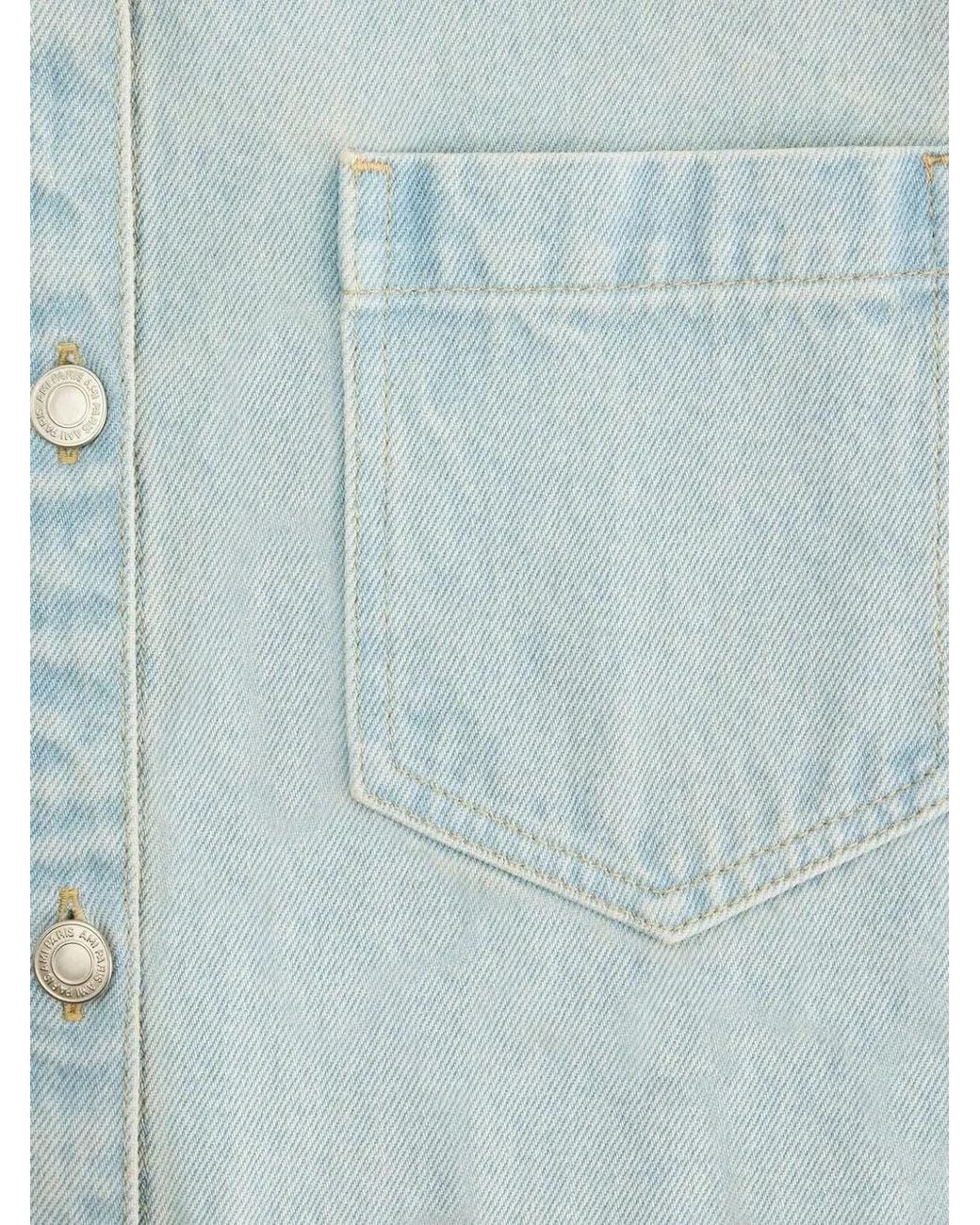 AMI Blue Logo-Print Denim Overshirt for men