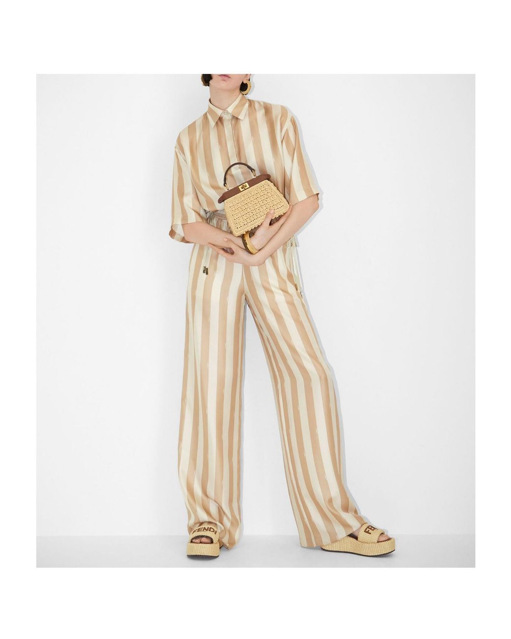 Fendi Natural Striped Drawstring Hem Cropped Shirt
