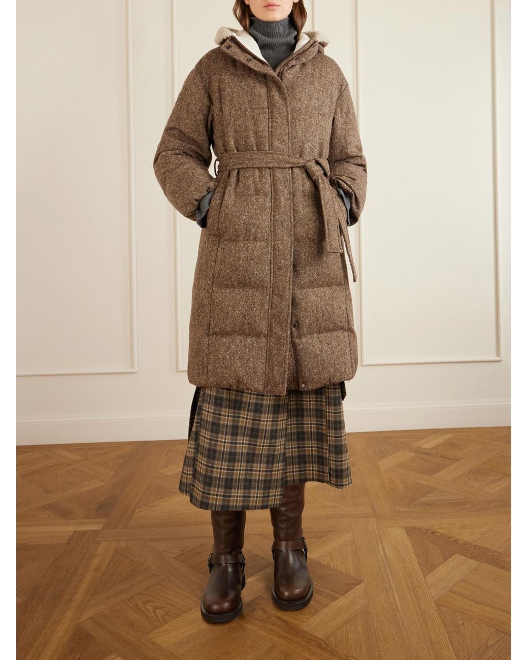 Brunello Cucinelli Brown Virgin Wool Donegal Down Coat With Shearling Inserts And Monili