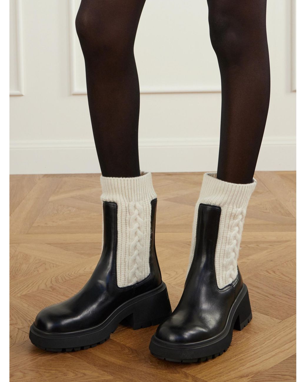 Jimmy Choo Black Tamia Ribbed Cable-Knit-Trimmed Leather Ankle Boots