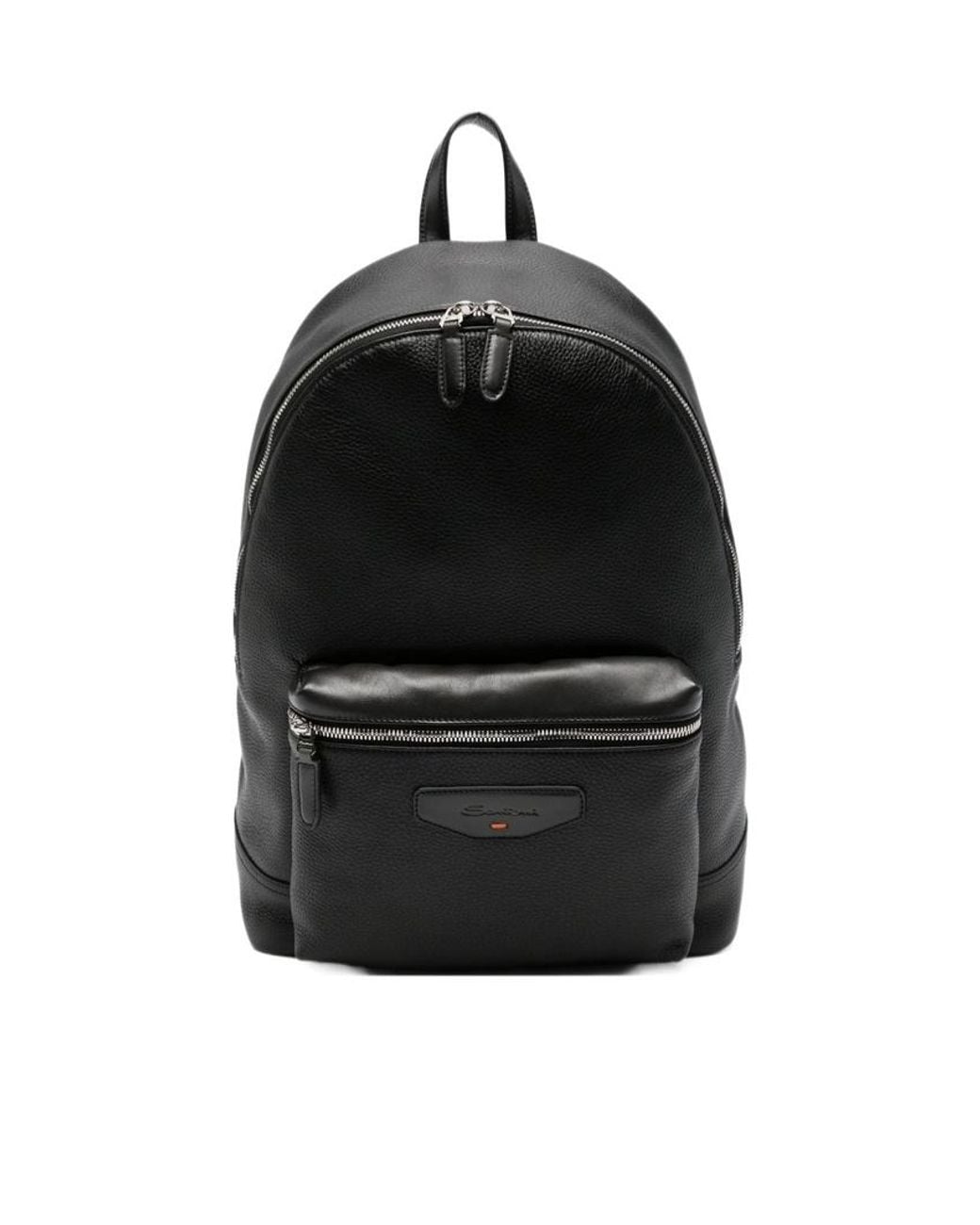 Santoni Black Leather Backpack for men