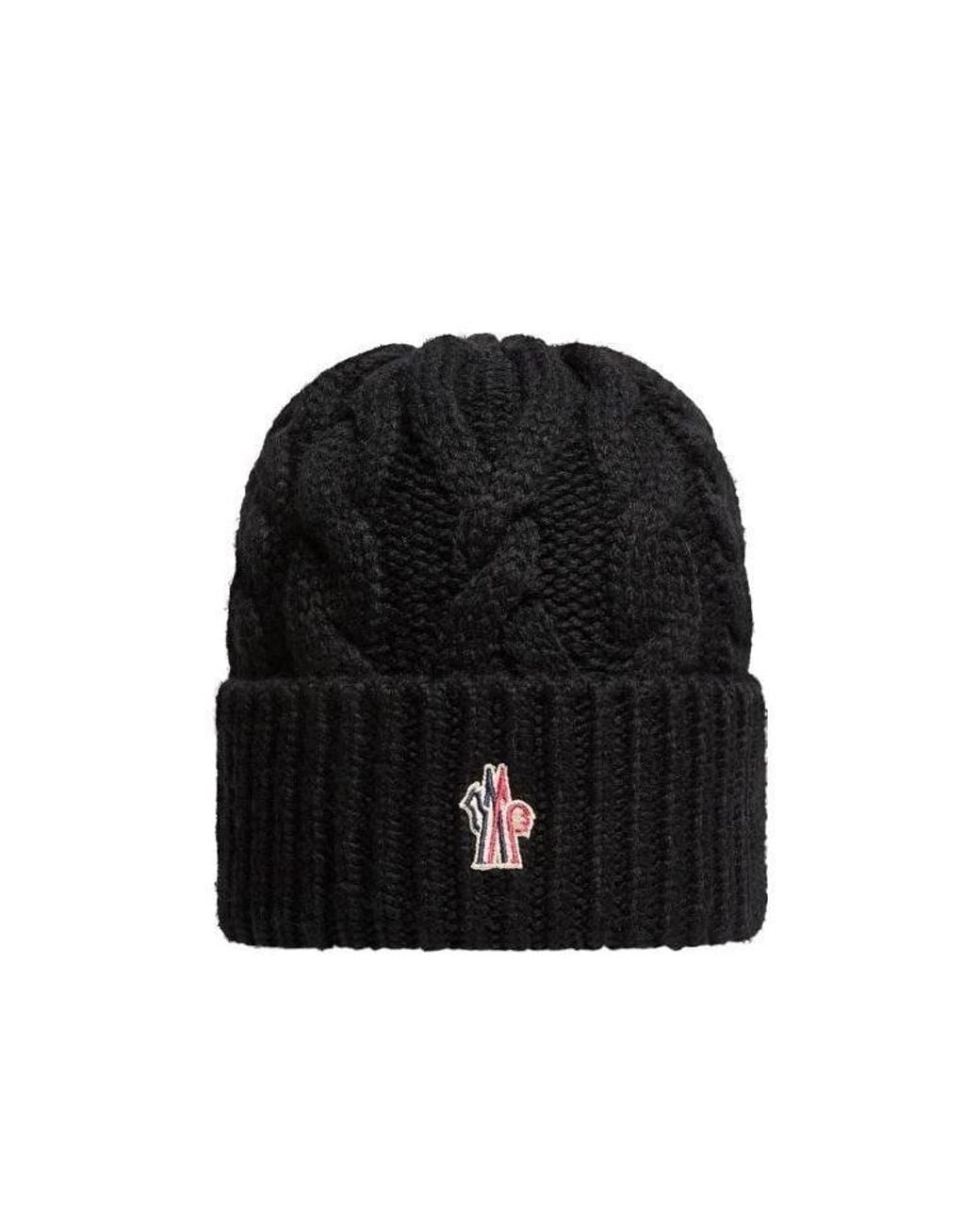 Moncler Black Grenoble Cable Knit Logo Embroidered Beanie