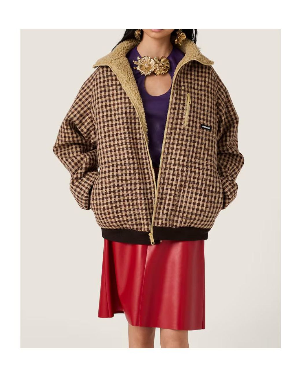 Miu Miu Brown Fleece-Lined Checked Blouson Jacket