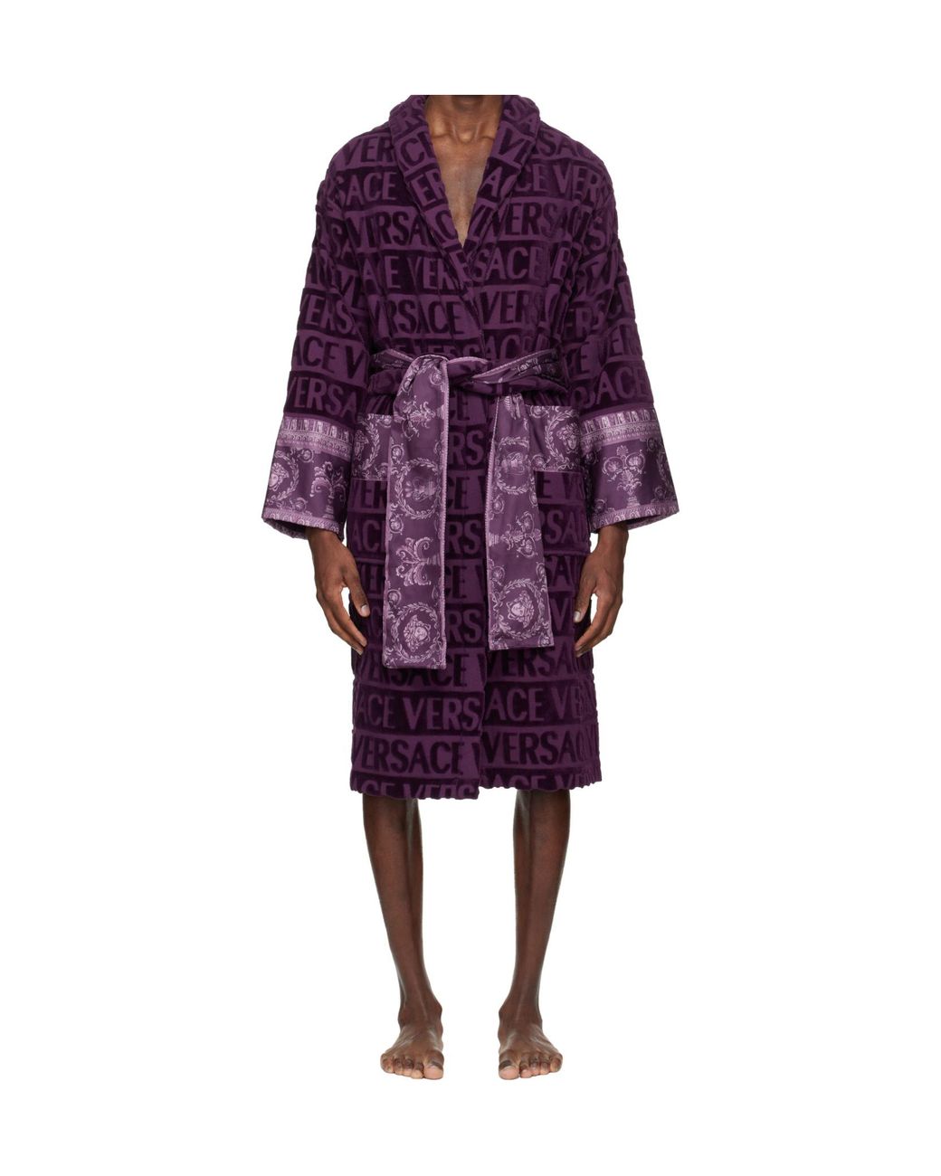 Versace Purple Logo-Print Belted Bathrobe for men
