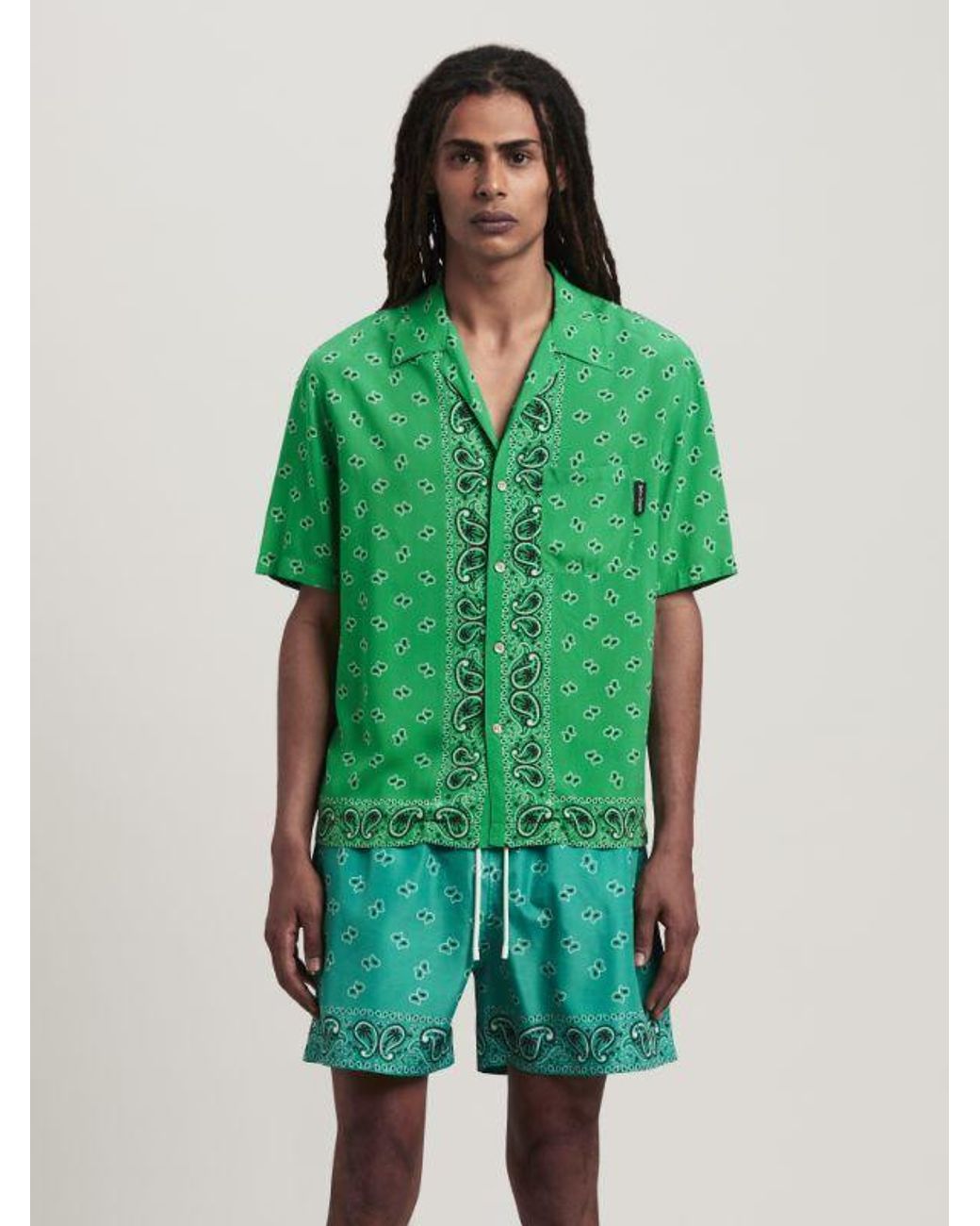 Palm Angels Green Paisley Printed Short-Sleeved Shirt for men