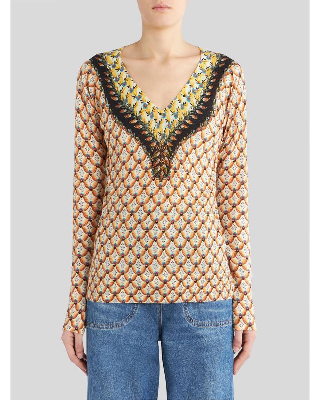 Etro Brown Floral-Printed Crewneck Knitted Top