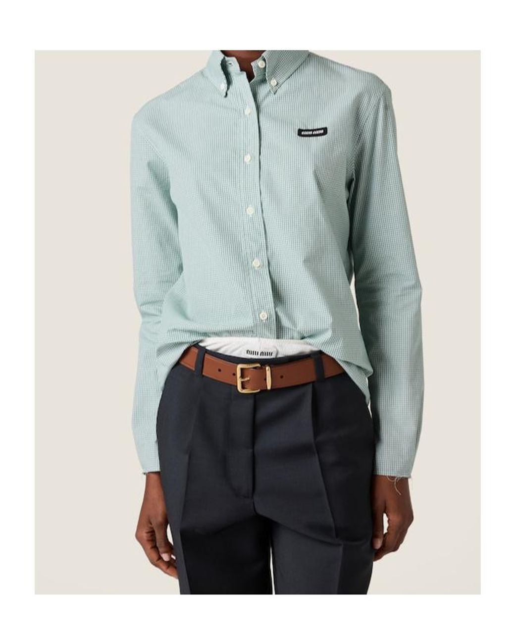 Miu Miu Blue Logo-Embroidered Button-Up Checked Shirt