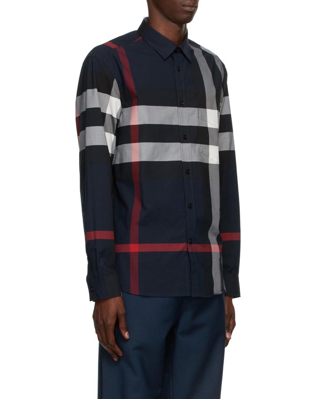 Burberry Blue Checked Stretched Poplin Shirt for men