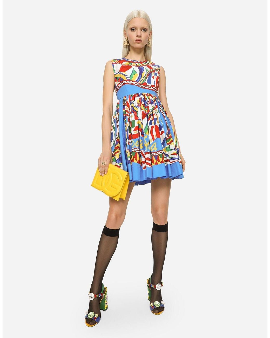 Dolce & Gabbana White Carretto Printed Sleeveless Mini Dress