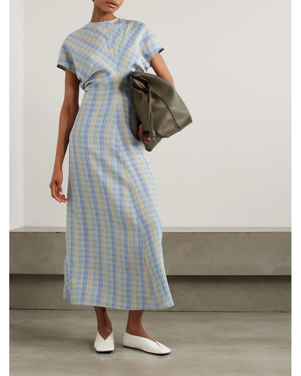 Totême Blue Pleated Checked Dress