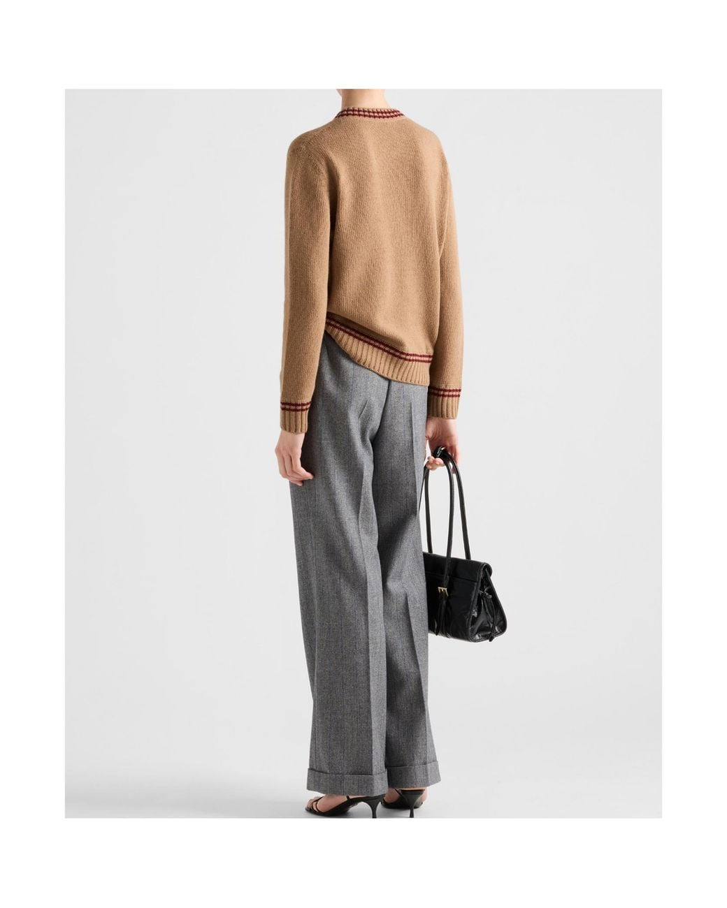 Prada Brown Logo-Intarsia Striped-Trim Crewneck Jumper