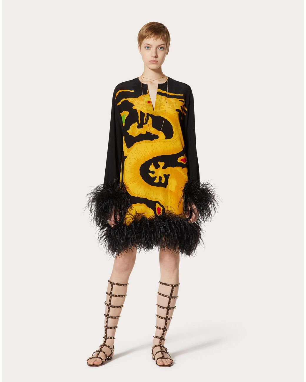 Valentino Yellow Dragon-Print Feather-Trim Silk Dress