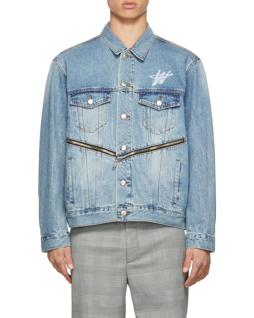 we11done Blue Logo-Print Zip-Detail Denim Jacket for men