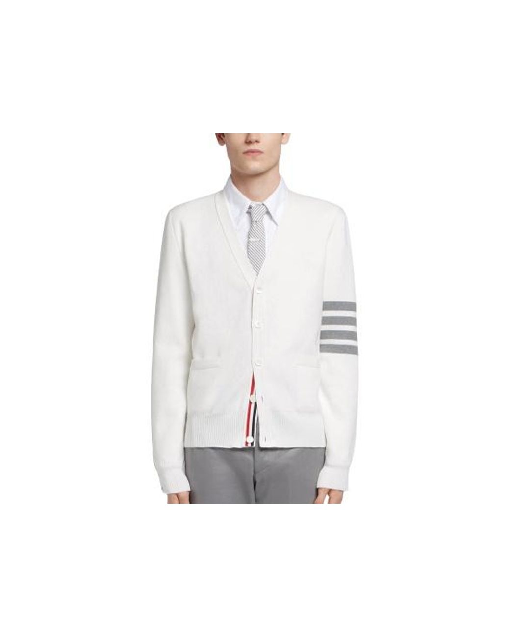 Thom Browne White Bar V-Neck Cardigan for men