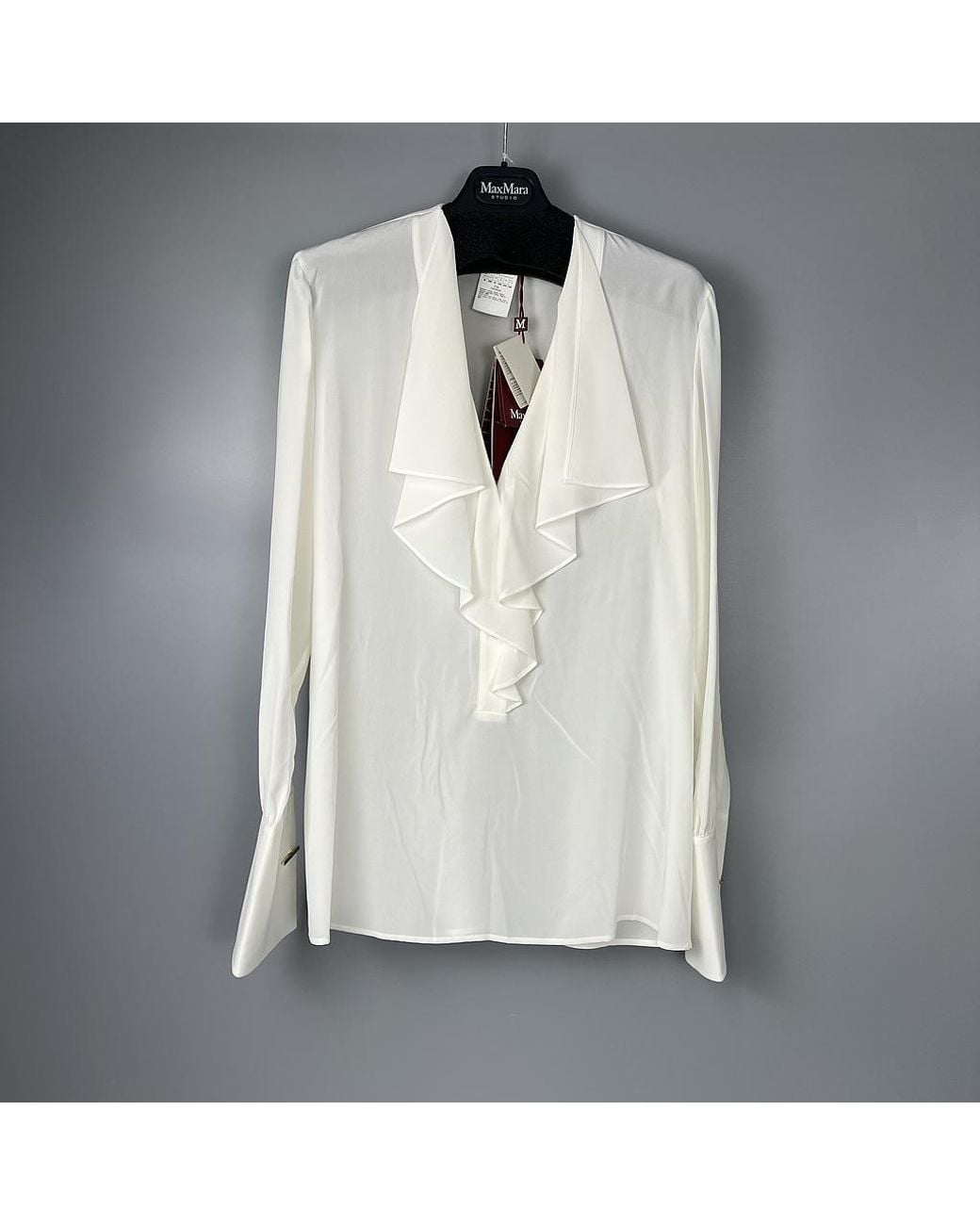 Max Mara White V-Neck Ruffled Long-Sleeved Top