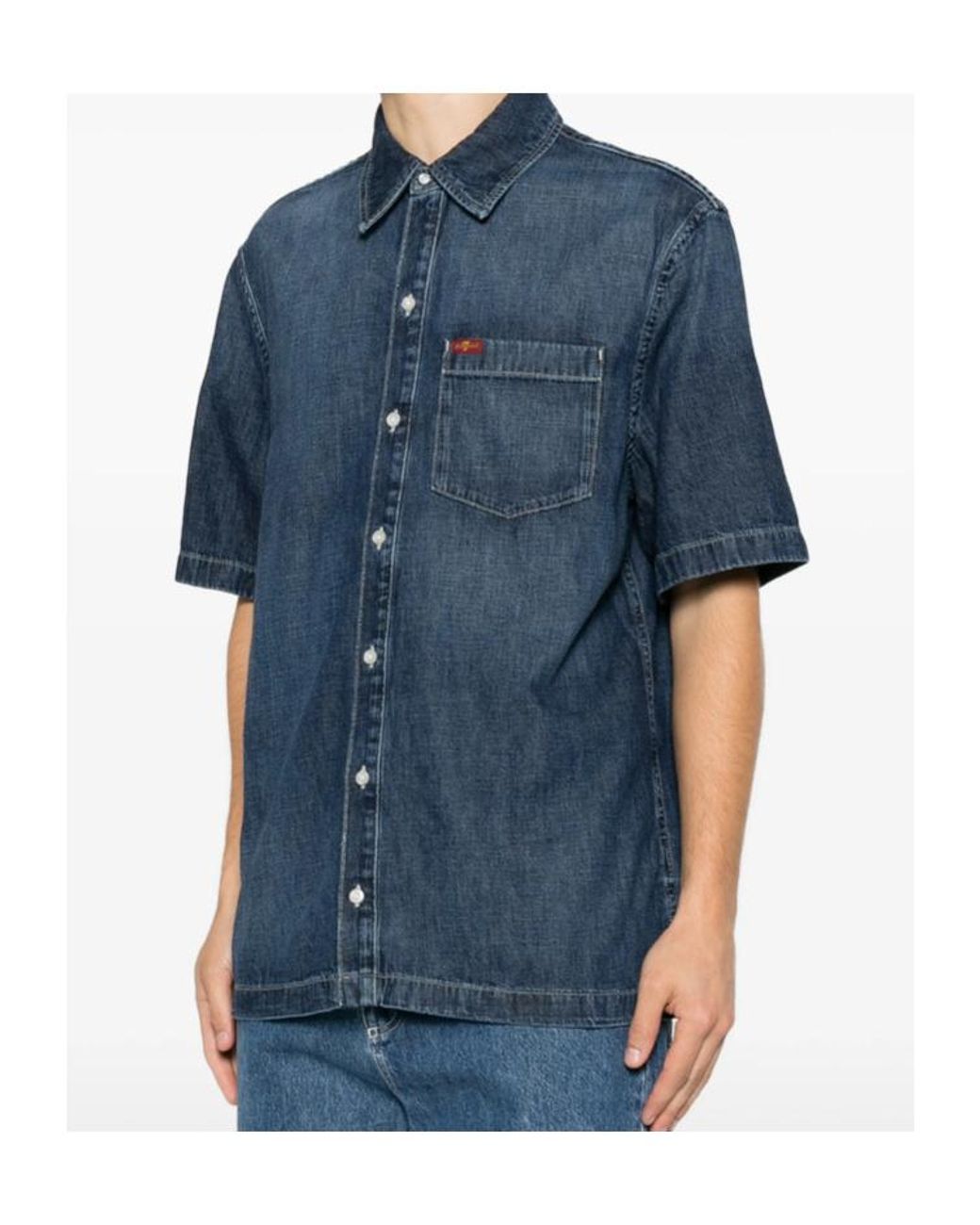 7 For All Mankind Blue Short-Sleeve Chest-Pocket Shirt for men