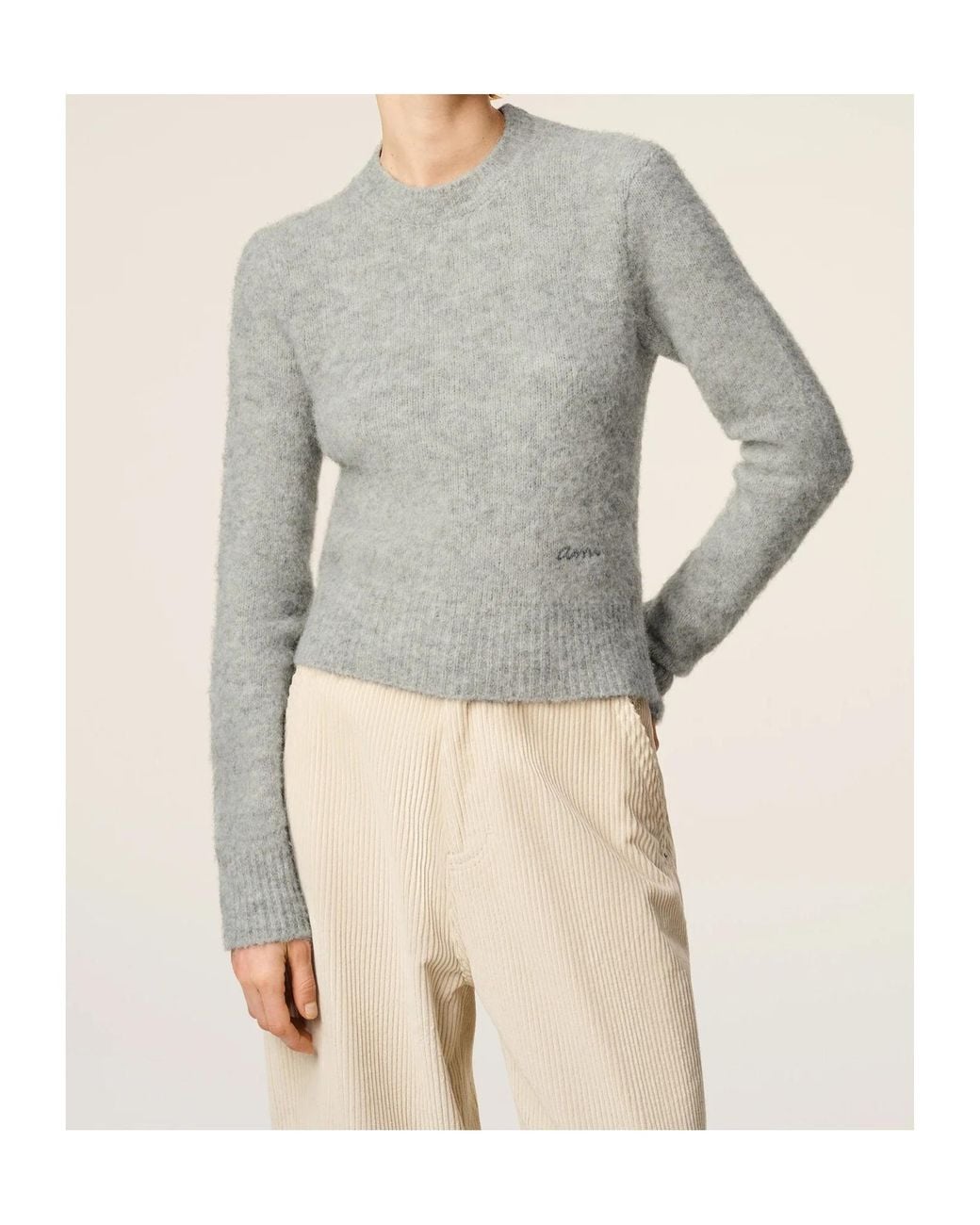 AMI Gray Cropped Sweater With Ribbed Hem