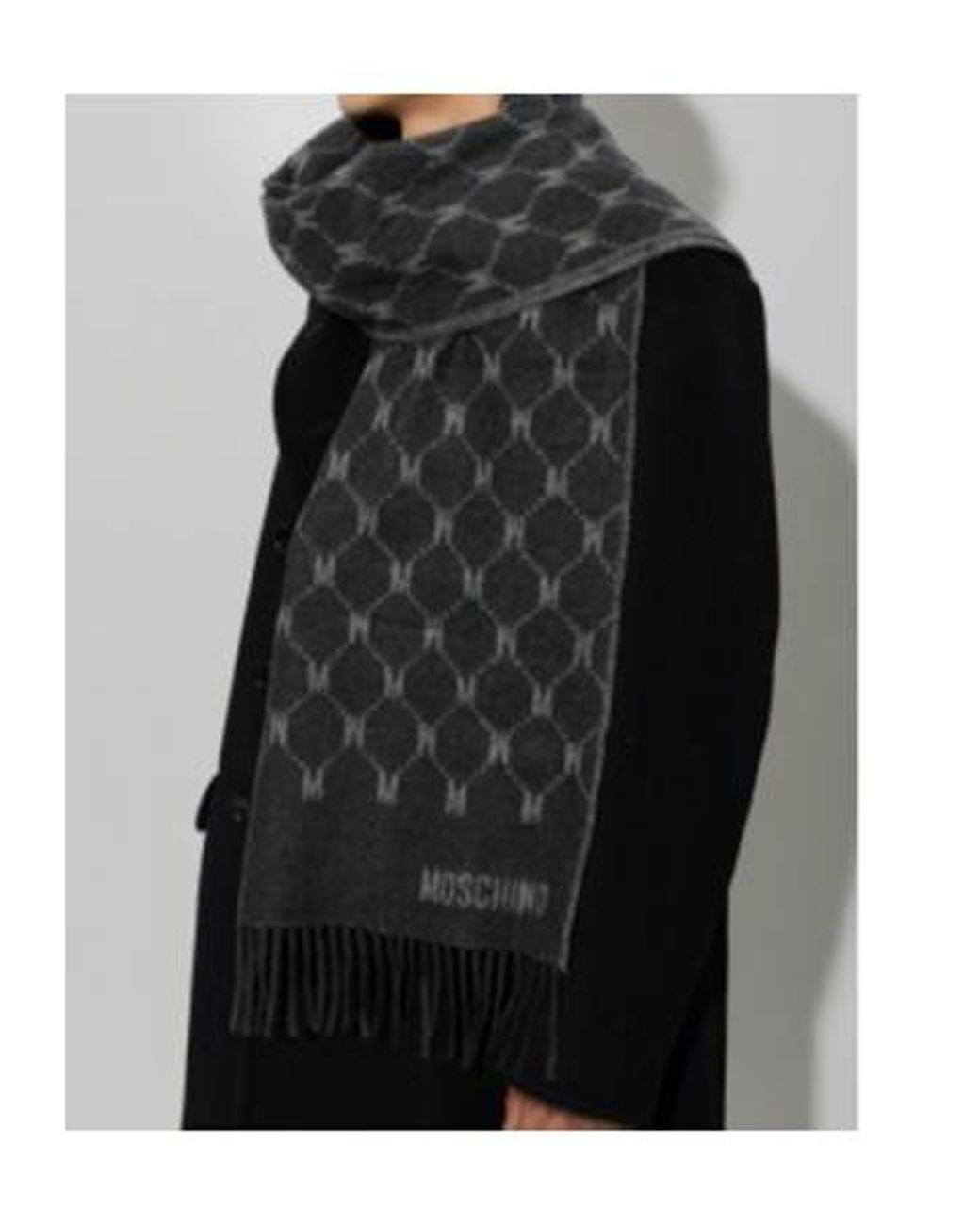 Moschino Black Monogram Fringed Knitted Scarf for men