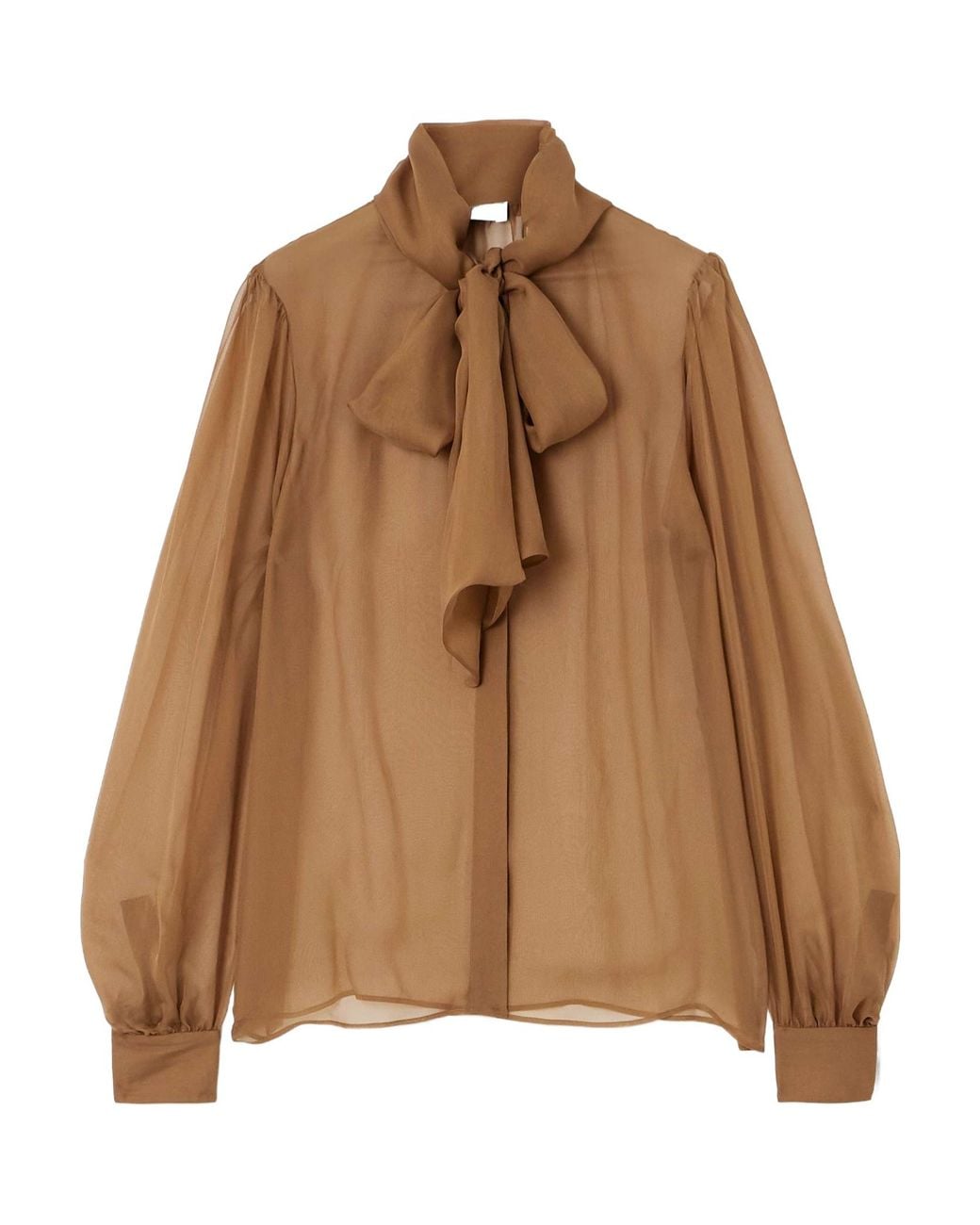 Saint Laurent Brown Pussy-Bow Silk-Chiffon Blouse