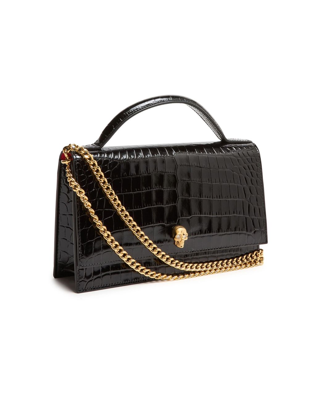 McQueen Black Crocembossed Shoulder Bag