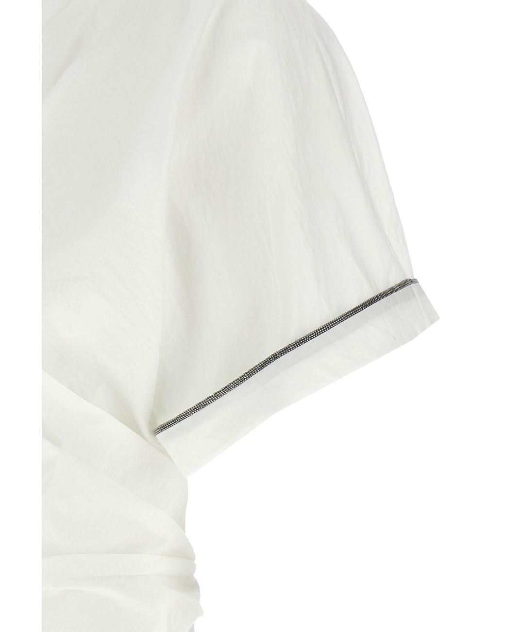 Brunello Cucinelli White Shiny Trim Poplin Kimono-Style Top