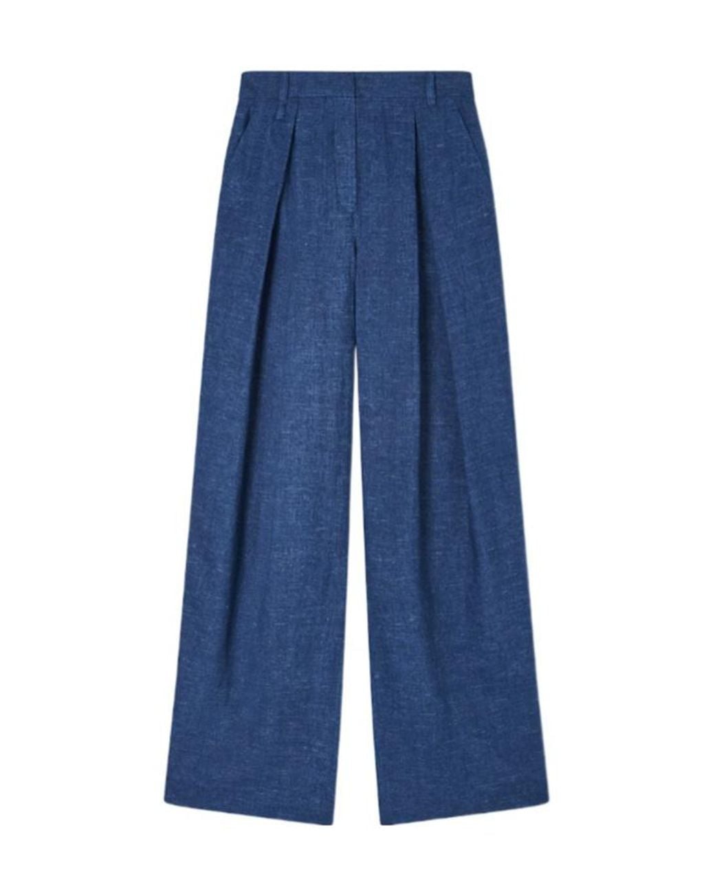 Emporio Armani Blue Icon Linen Chambray Trousers With Godet Pleats