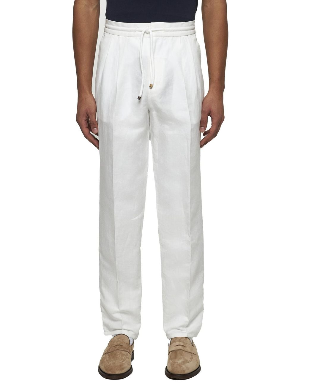 Brunello Cucinelli White Drawstring Tapered Leg Trousers for men
