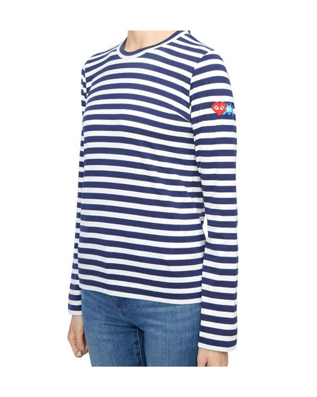 COMME DES GARÇONS PLAY Blue X Invader Pixelated-Heart Striped Top