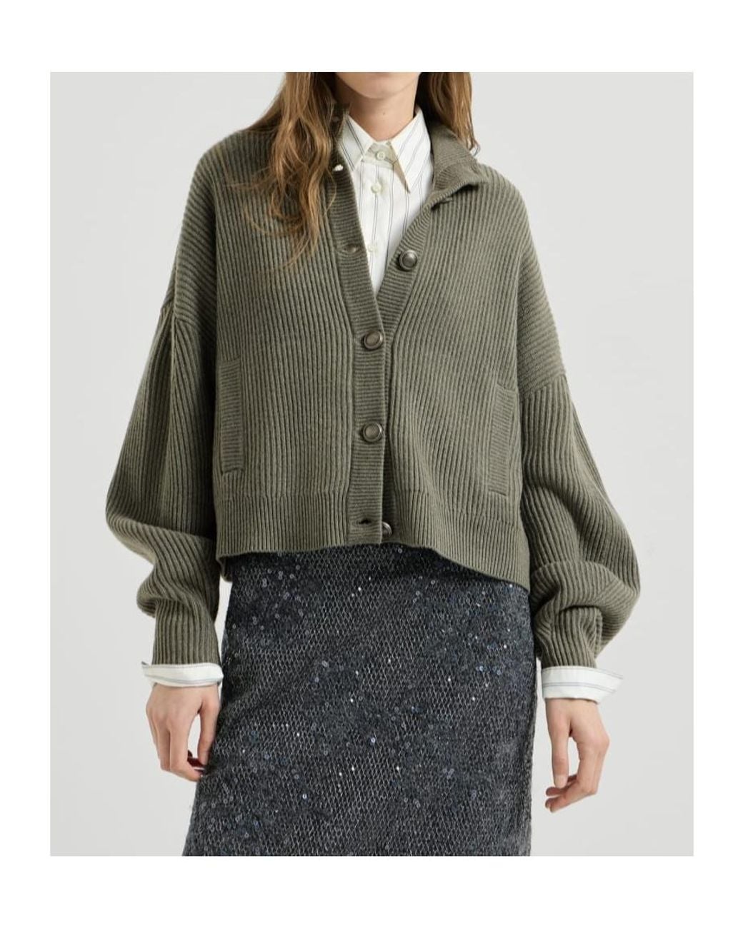 Brunello Cucinelli Green Cashmere English Rib Cardigan With Monili