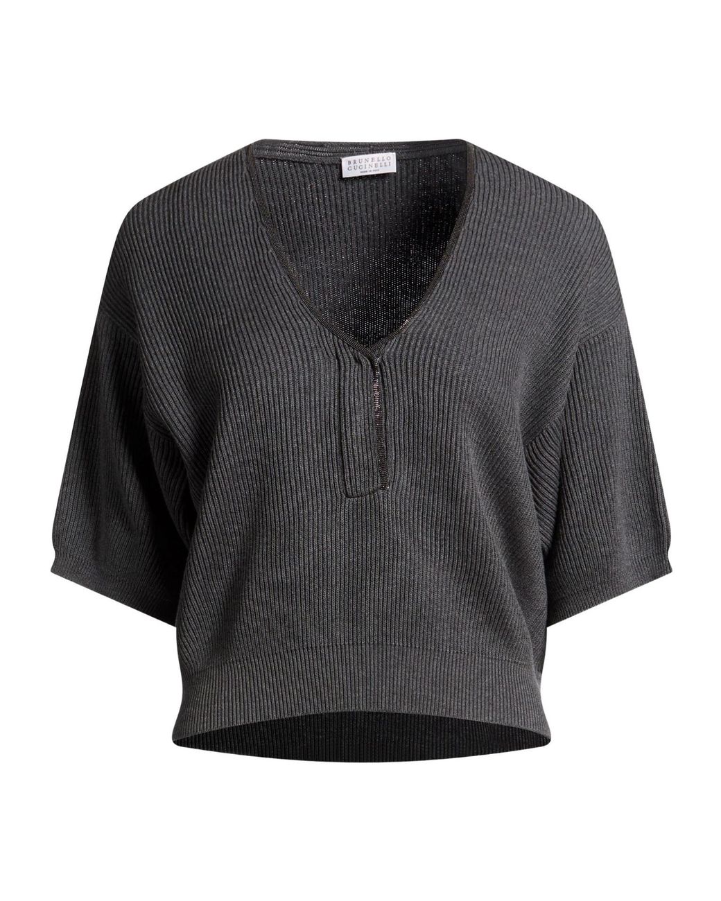 Brunello Cucinelli Black Lightgrey Vneck Shortsleeve Knit Sweater