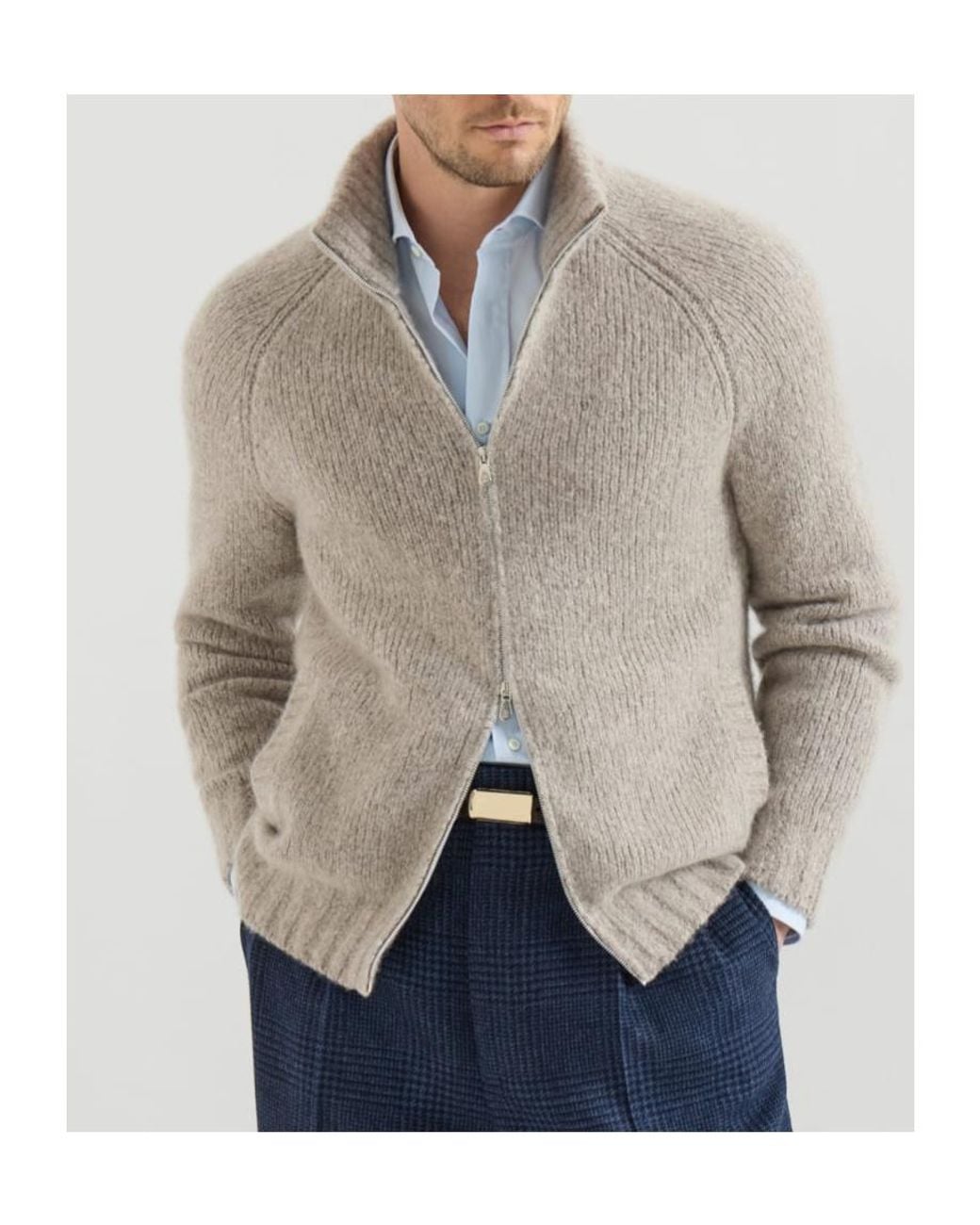 Brunello Cucinelli Gray Long-Sleeved Zip-Up Cardigan for men