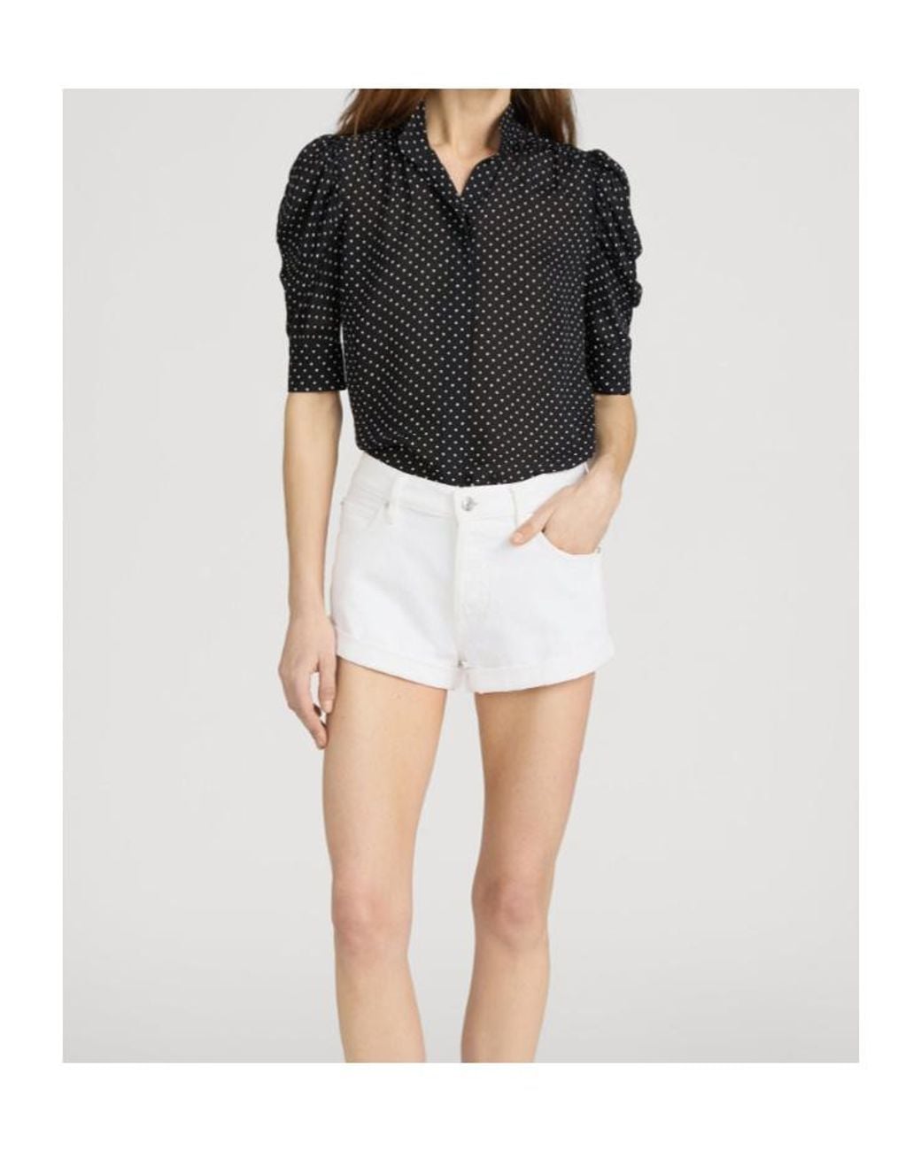 FRAME Black Ruched-Sleeve Polka Dot Top