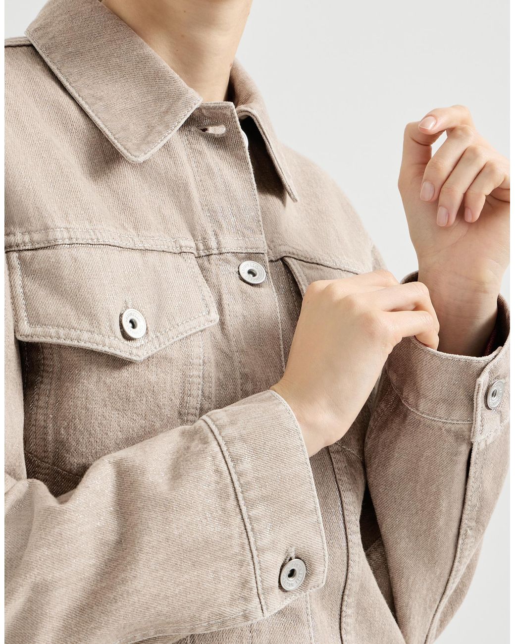 Brunello Cucinelli Natural Lamé Denim Four-Pocket Outerwear Jacket With Monili