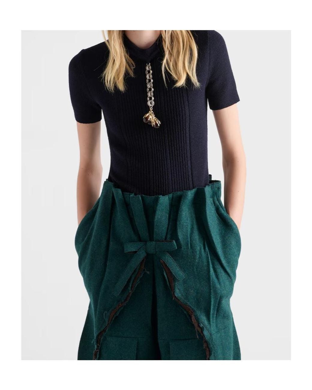 Prada Blue Short-Sleeved Wool Sweater With Pendant