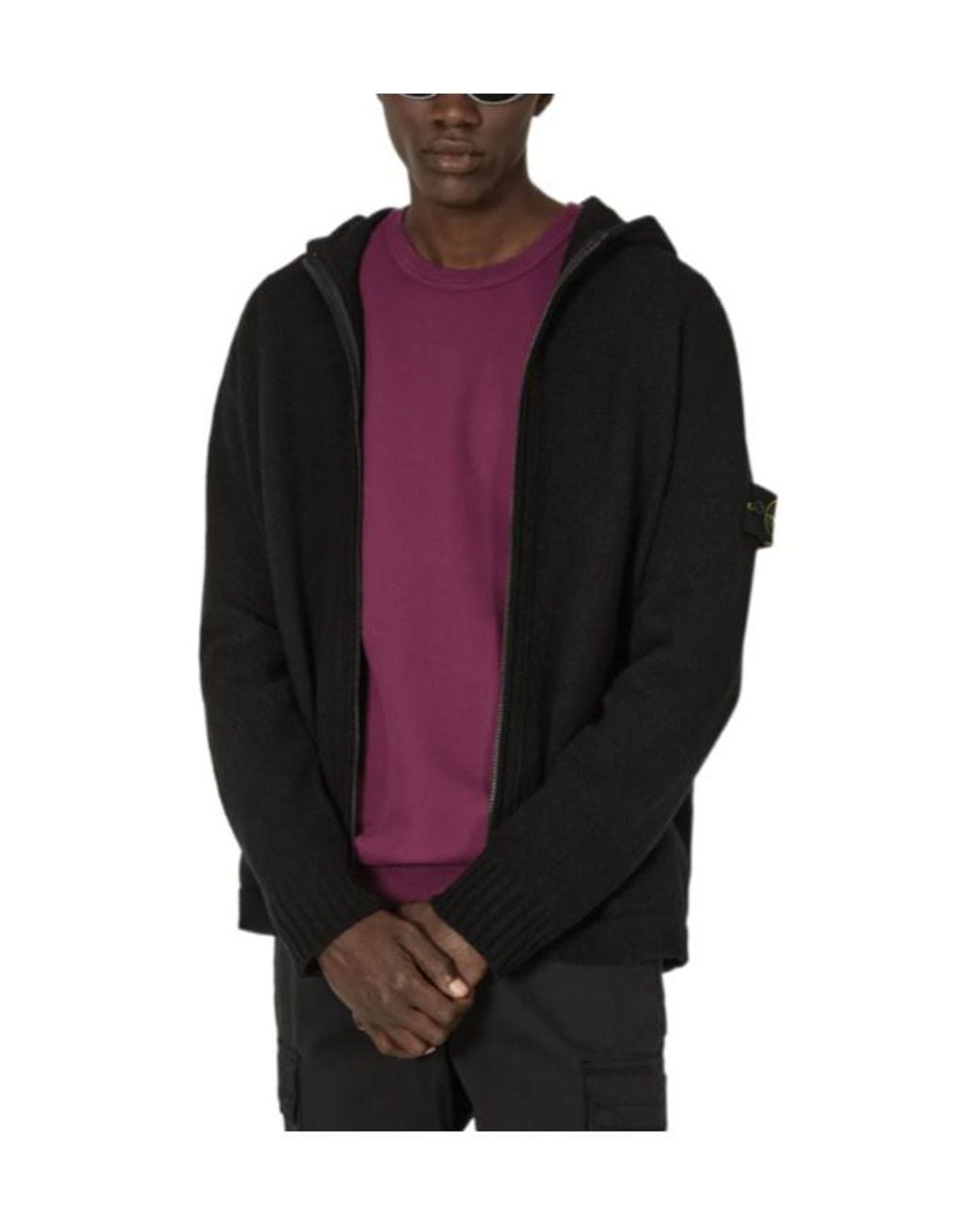 Stone Island Black Logo Patch Hooded Cardigan for men