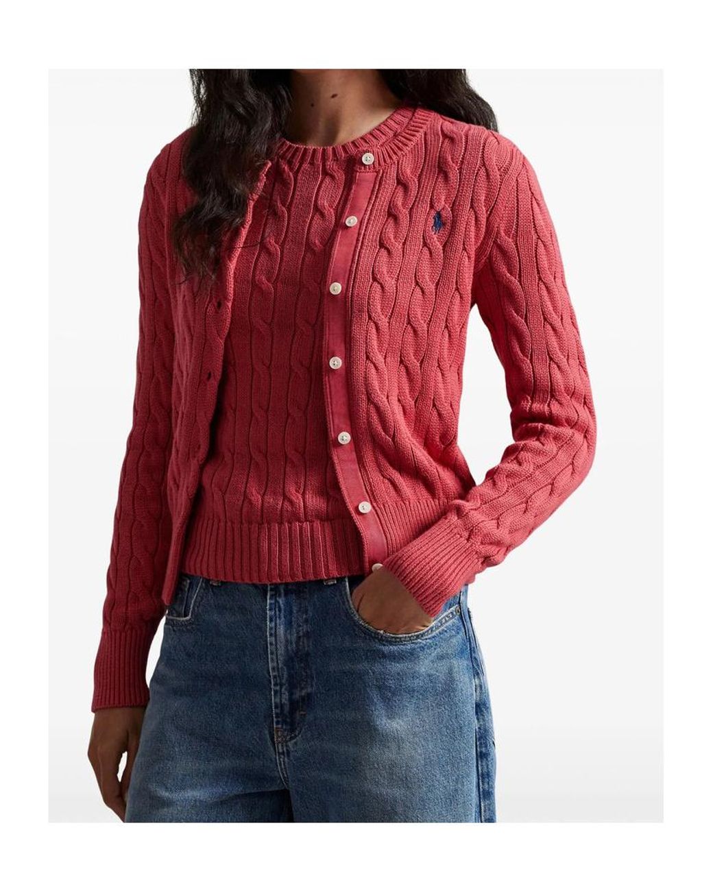 Polo Ralph Lauren Red Cable-Knit Cotton Crewneck Cardigan