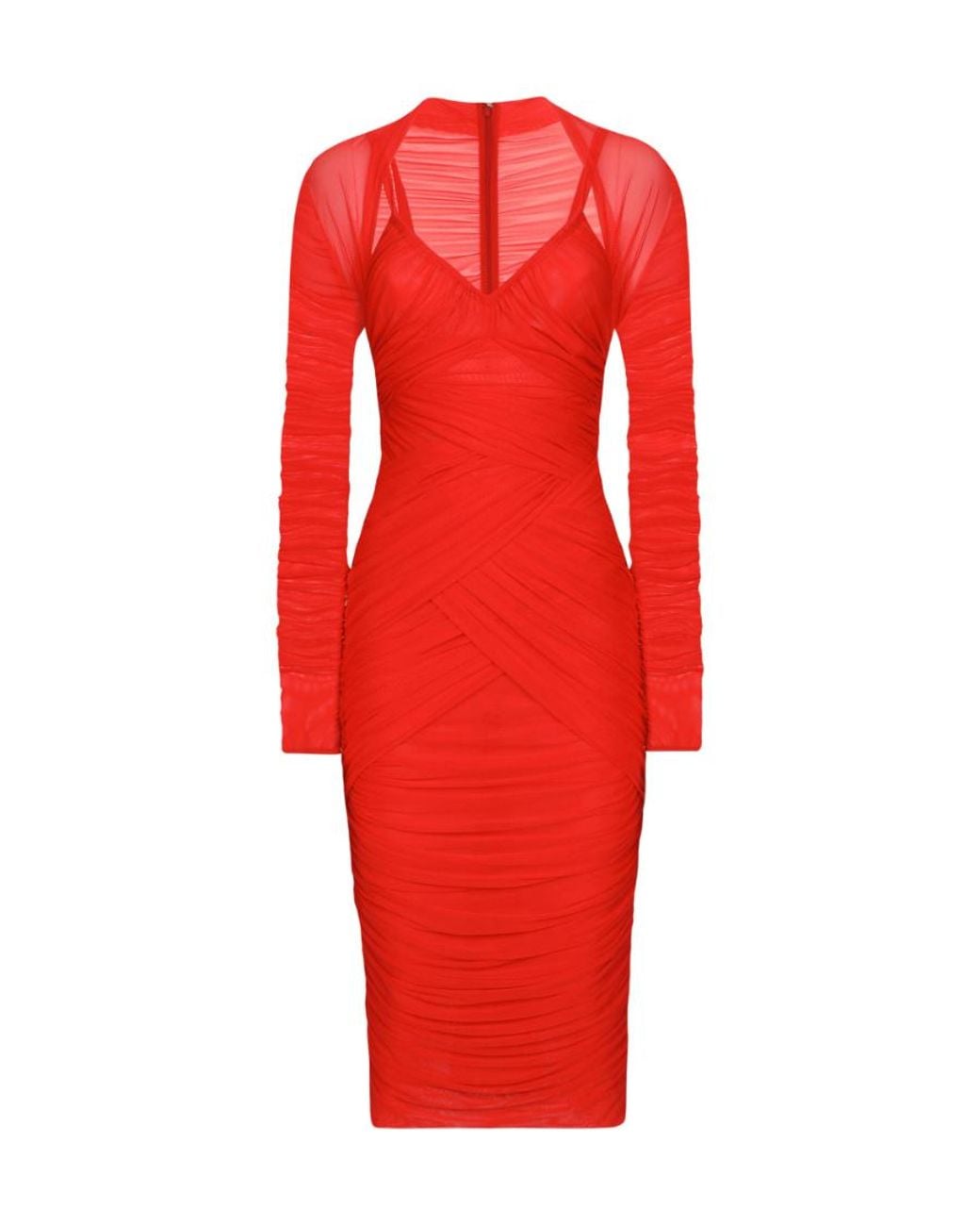 Dolce & Gabbana Red Tulle Draped Long-Sleeved Midi Dress