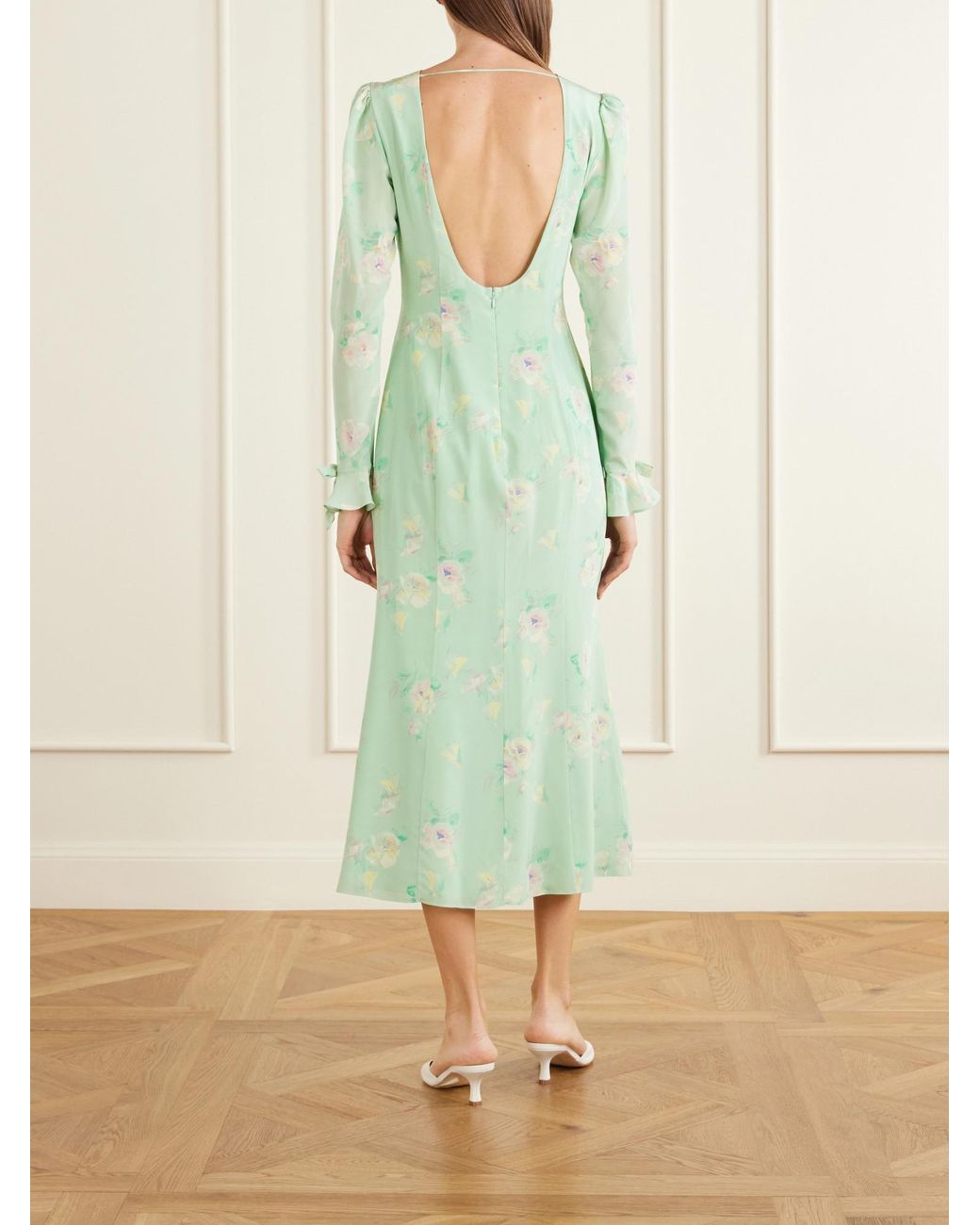 Alessandra Rich Green Floral-Print Silk Midi Dress