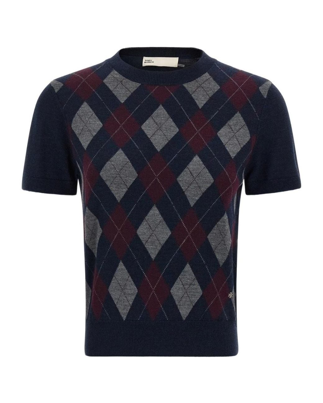 Tory Burch Blue Short-Sleeve Argyle Knitted Sweater