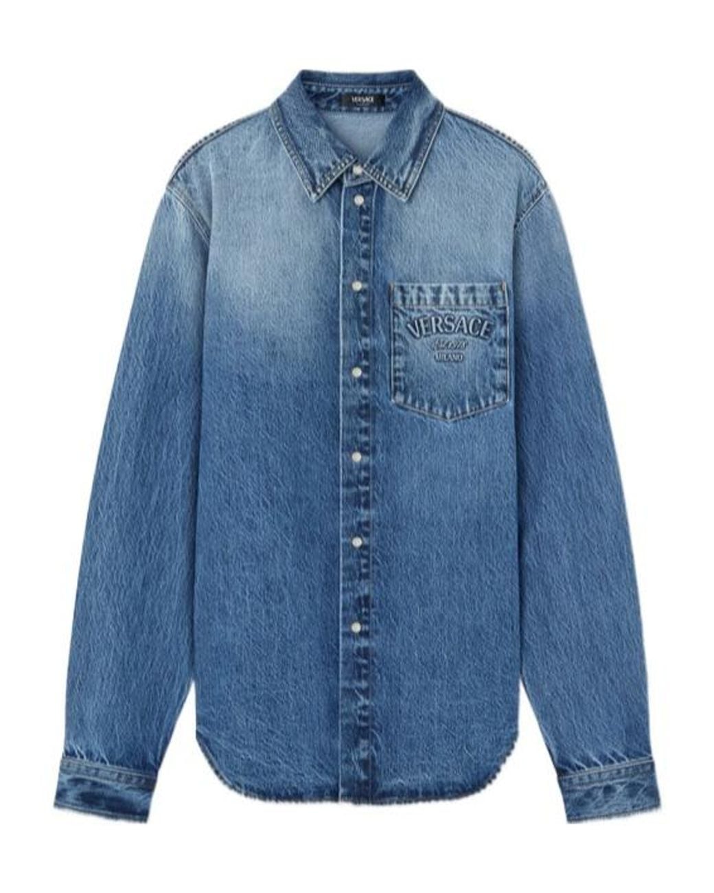 Versace Blue Logo-Embossed Button-Up Denim Shirt for men