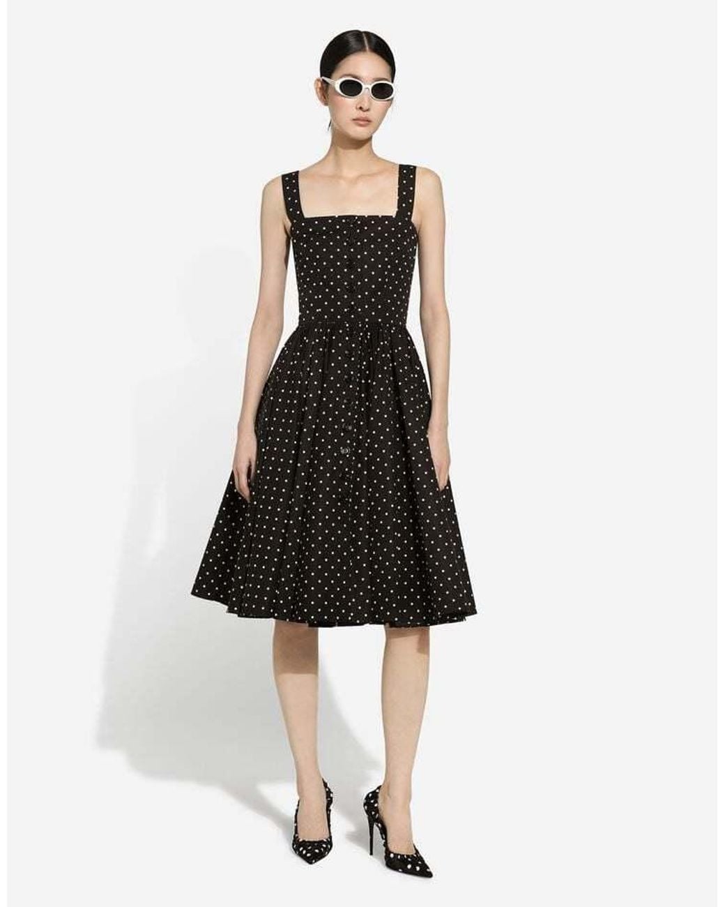 Dolce & Gabbana Black Calf-Length Cotton Dress With Polka-Dot
