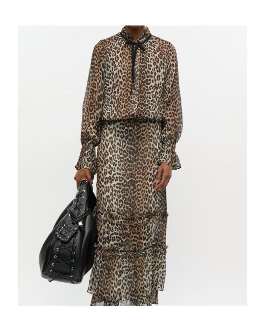 Ganni Gray Leopard Printed Chiffon Tie String Shirt