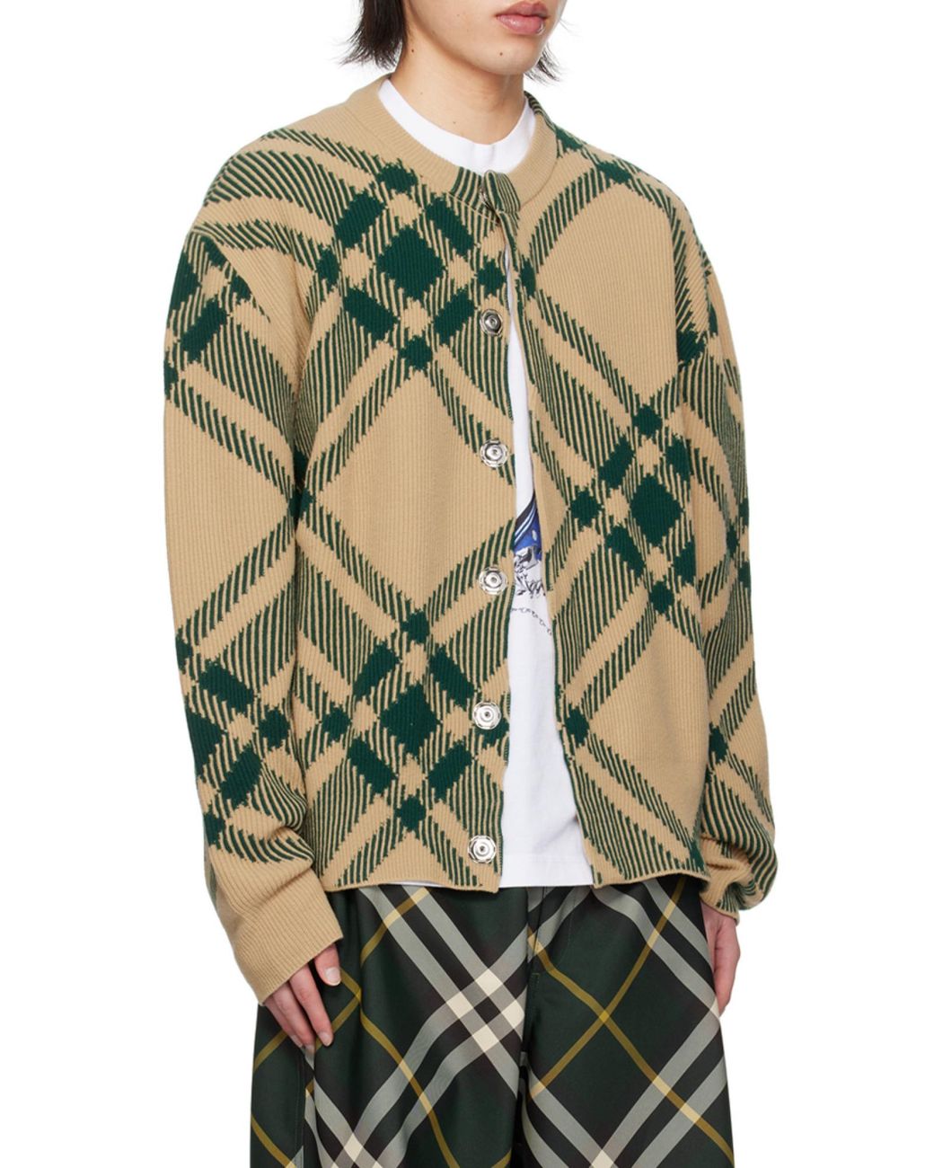 Burberry Green Checkered Intarsia Knit Crewneck Cardigan for men